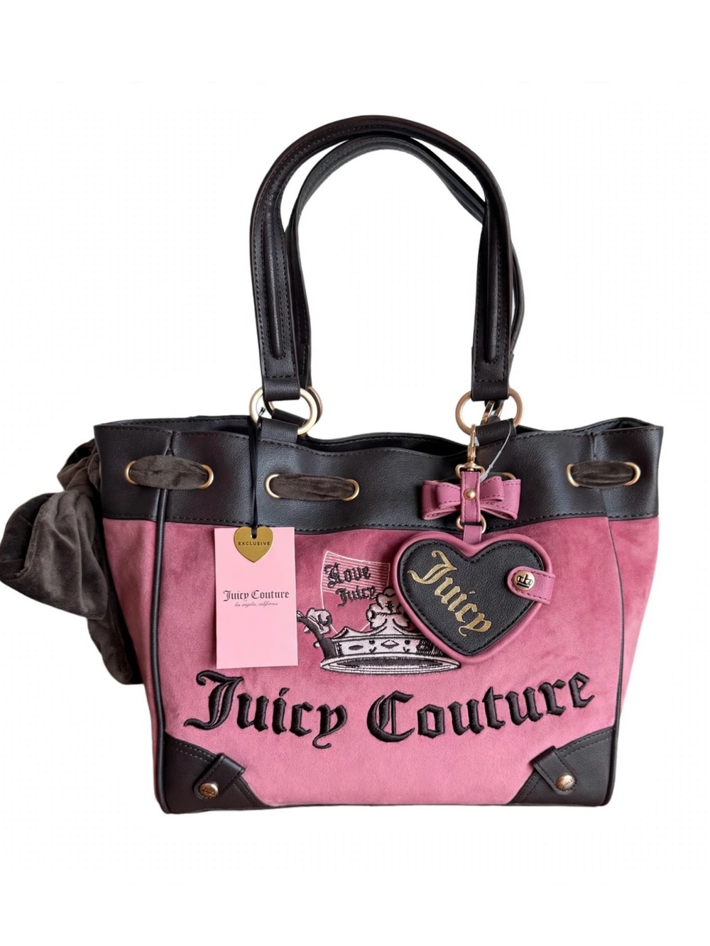 🩷Juicy Couture Crown Pink and Black Daydreamer Tote with Heart Charm